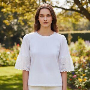 NWT Lauren Ralph Lauren White Cotton Eyelet Bell Sleeve Top Size Large